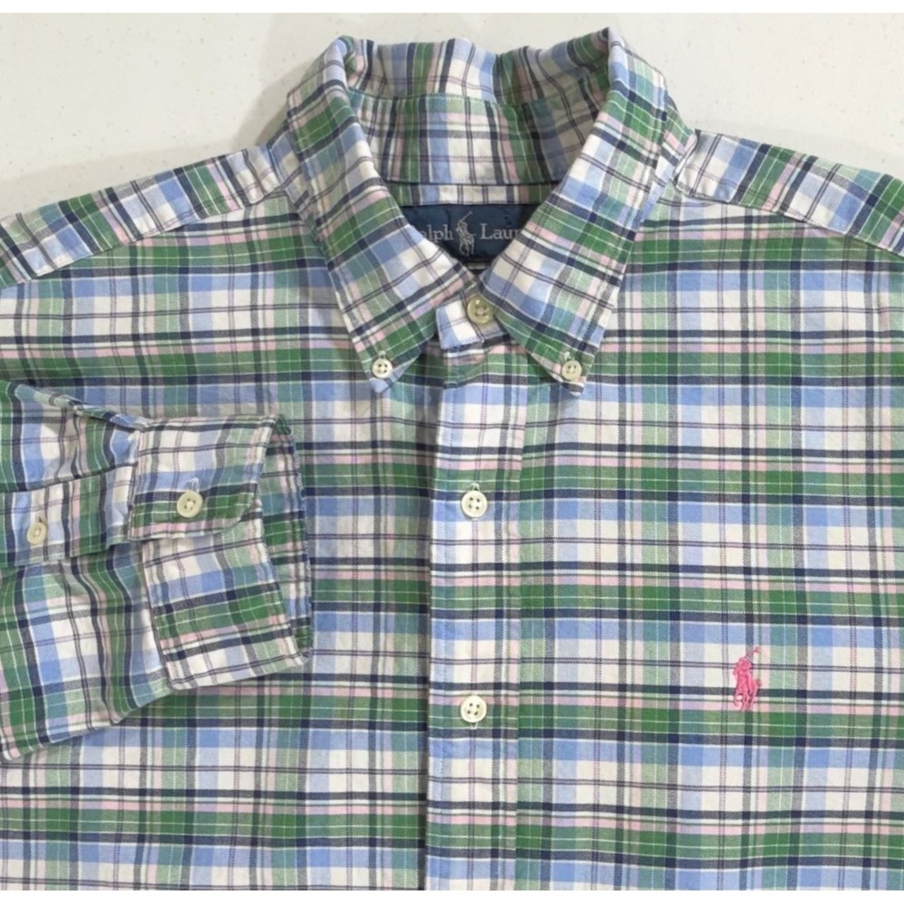 Ralph Lauren Button Down Shirt XL Blue Green Pink Plaid Classic‎ Fit Preppy READ